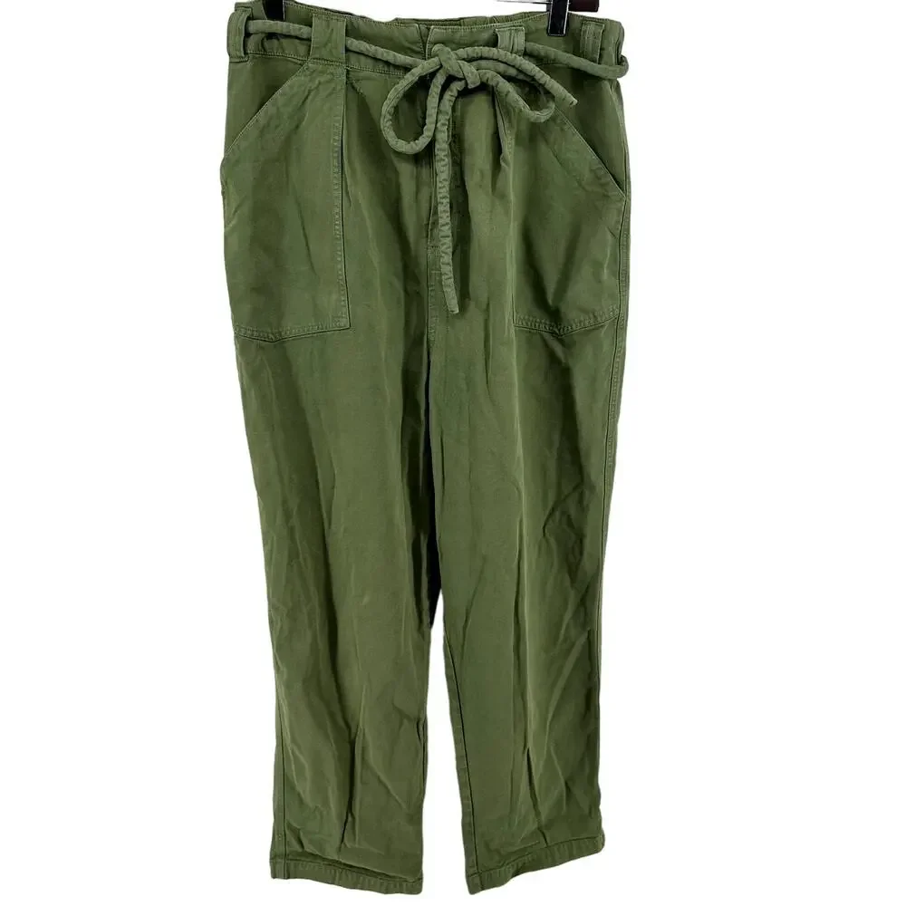 Free People Lights Down Rolled Tapered Leg Pants Relaxed Fit Belted Green Large